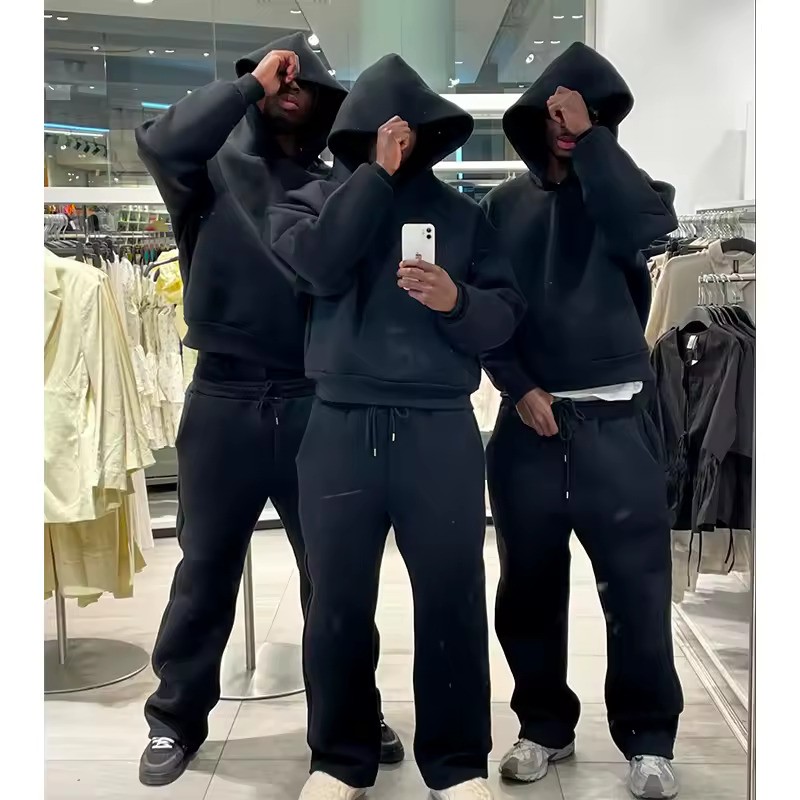 2-delige set mode casual effen capuchon trui rechte broek trainingspak voor mannen losse hoodies sweatshirt wijde pijpen joggingbroek